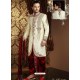 Classic Look Cream Jamewar Banarasi Silk Sherwani