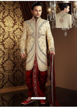 Eye-Catching Gold Pure Banarasi Silk Fabric Sherwani