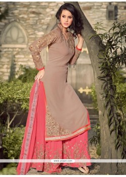 Flattering Lace Work Brown And Pink Georgette Palazzo Suit
