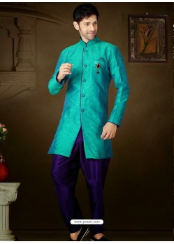 Sea Green Art Silk Indo Western Sherwani