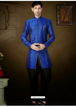 Stunning Blue Brocade Indo Western Sherwani