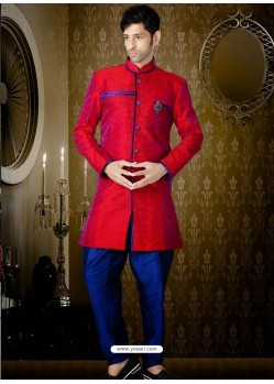 Amazing Red Jacquard Indo Western Sherwani