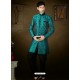 Wonderful Teal Blue And Black Brocade Indo Western Sherwani