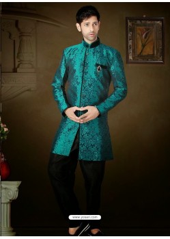 Wonderful Teal Blue And Black Brocade Indo Western Sherwani