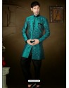 Wonderful Teal Blue And Black Brocade Indo Western Sherwani