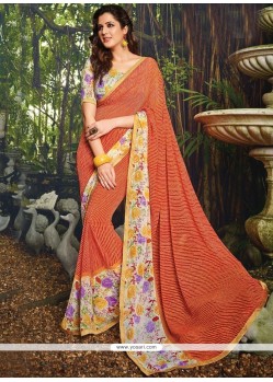 Conspicuous Print Work Orange Casual Saree