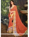 Conspicuous Print Work Orange Casual Saree