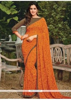 Lovely Orange Print Work Casual Saree