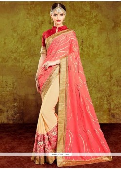 Majesty Silk Beige And Red Patch Border Work Classic Designer Saree