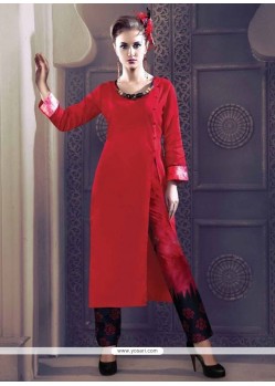 Opulent Print Work Red Party Wear Kurti