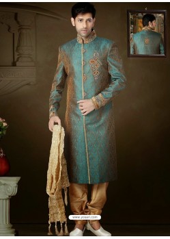 StunningTeal Blue Brocade Sherwani