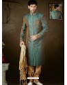 StunningTeal Blue Brocade Sherwani