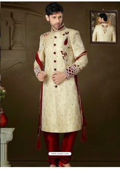 Antic Cream Pure Banarasi Silk Sherwani