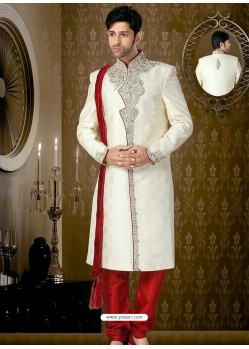 Classical Look Off White Brocade Sherwani