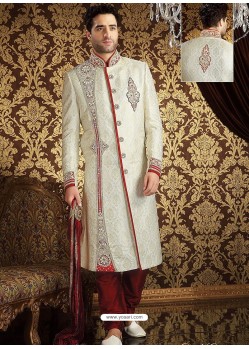 Cream Pure Banarasi Silk Sherwani