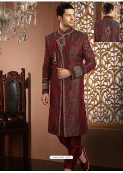 Stylish Red Jamewar Brocade Sherwani