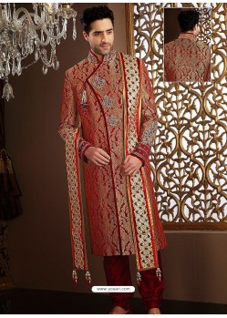 Stunning Maroon Jamewar Benarasi Silk Sherwani