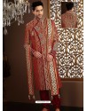 Stunning Maroon Jamewar Benarasi Silk Sherwani