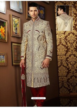 Charming Cream Banarasi Giccha Silk Sherwani