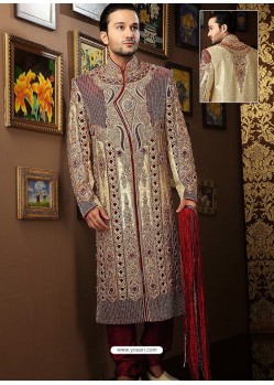 Cream Tanchoi Jamewar Sherwani