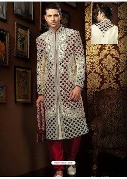 Cream Cutwork Enhanced Banarasi Sherwani