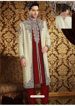 Traditional Cream Banarasi Sherwani Suit