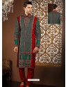 Stunning Green And Red Sherwani