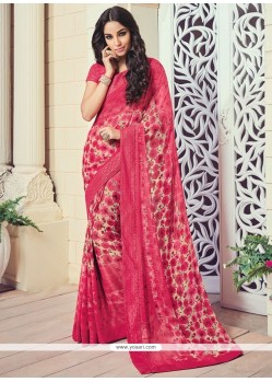 Glowing Hot Pink Print Work Printed Saree