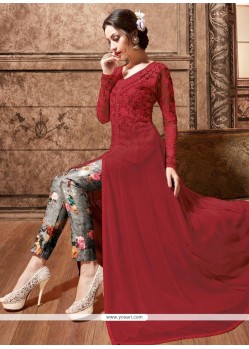 Perfervid Red Resham Work Pure Silk Pant Style Suit