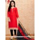 Modern Jacquard Red Lace Work Churidar Suit