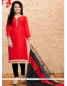 Modern Jacquard Red Lace Work Churidar Suit