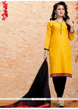 Impeccable Embroidered Work Yellow Jacquard Churidar Suit