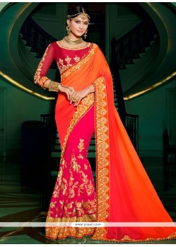 Perfervid Hot Pink And Orange Embroidered Work Bamber Georgette Designer Half N Half Saree