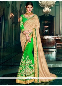 Picturesque Patch Border Work Green Designer Half N Half Saree