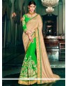 Picturesque Patch Border Work Green Designer Half N Half Saree