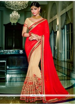 Genius Embroidered Work Red Georgette Designer Half N Half Saree