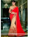 Genius Embroidered Work Red Georgette Designer Half N Half Saree