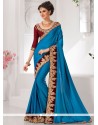 Ethnic Satin Blue Patch Border Work Designer Traditional Saree