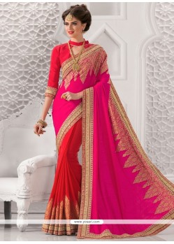 Modernistic Embroidered Work Hot Pink Art Silk Traditional Saree