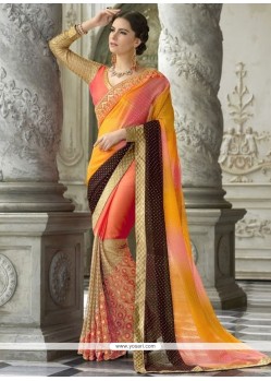 Amazing Multi Colour Lace Work Faux Chiffon Traditional Designer Saree