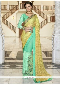 Tiptop Georgette Sea Green And Yellow Designer Half N Half Saree