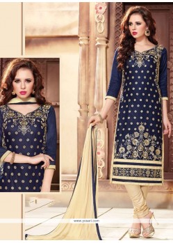 Honourable Embroidered Work Navy Blue Cotton Churidar Suit