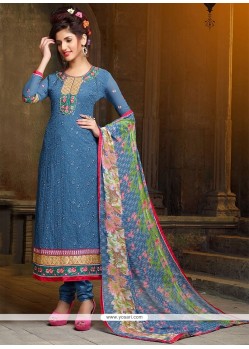 Stone Georgette Churidar Designer Suit In Blue