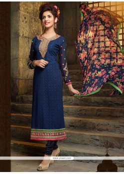 Wonderous Navy Blue Embroidered Work Georgette Churidar Designer Suit