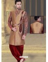 Maroon Gold Velvet Jacquard dhoti style Groom Sherwani