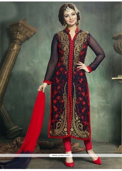 Paramount Embroidered Work Navy Blue And Red Georgette Churidar Designer Suit