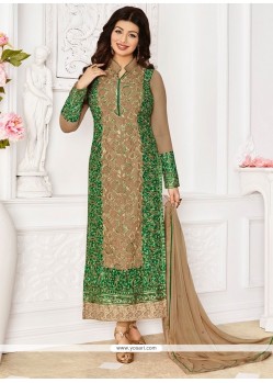 Competent Georgette Beige And Green Embroidered Work Designer Straight Suit