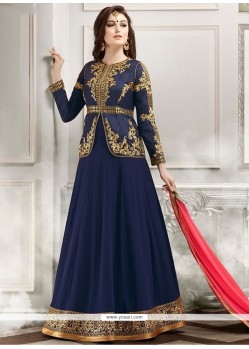 Glossy Embroidered Work Navy Blue Banglori Silk Floor Length Anarkali Salwar Suit