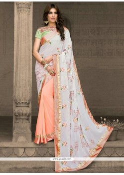 Snazzy Lace Work Off White And Peach Classic Saree
