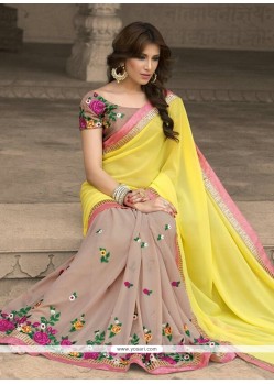 Enthralling Georgette Beige And Yellow Trendy Saree